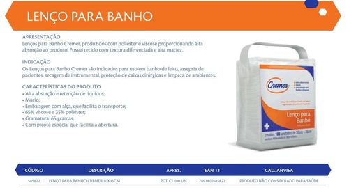 Lenço para Banho pacote 100 unidades - Cremer